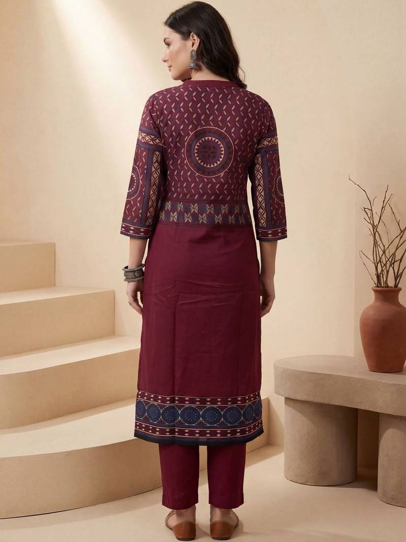 Women Ethnic Motifs Printed Regular Mirror Work Pure Cotton Kurta with Trousers & With Dupatta