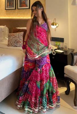 Multicolor georgette silk bandhani print kurta palazzo set with dupatta 2