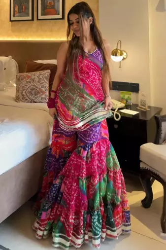 Multicolor georgette silk bandhani print kurta palazzo set with dupatta