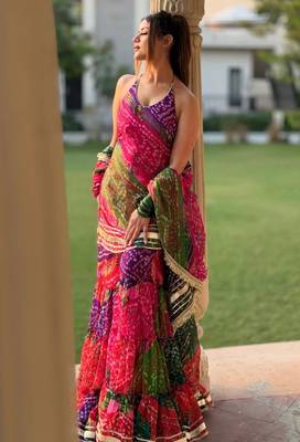 Multicolor georgette silk bandhani print kurta palazzo set with dupatta 1