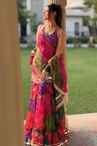 Multicolor georgette silk bandhani print kurta palazzo set with dupatta
