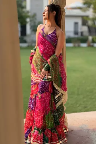 Multicolor georgette silk bandhani print kurta palazzo set with dupatta