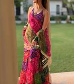 Multicolor georgette silk bandhani print kurta palazzo set with dupatta