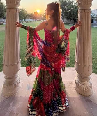 Multicolor georgette silk bandhani print kurta palazzo set with dupatta 3