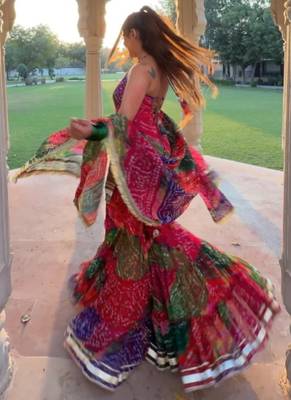 Multicolor georgette silk bandhani print kurta palazzo set with dupatta 4