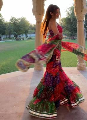 Multicolor georgette silk bandhani print kurta palazzo set with dupatta 5