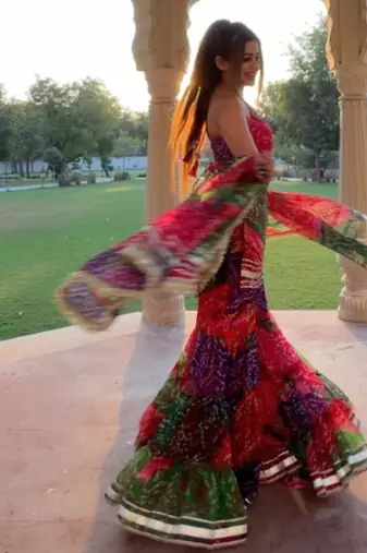 Multicolor georgette silk bandhani print kurta palazzo set with dupatta