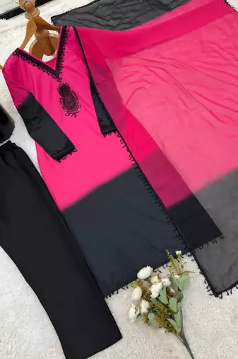 Pink & black crepe silk beads sequence kurta pant set with dupatta