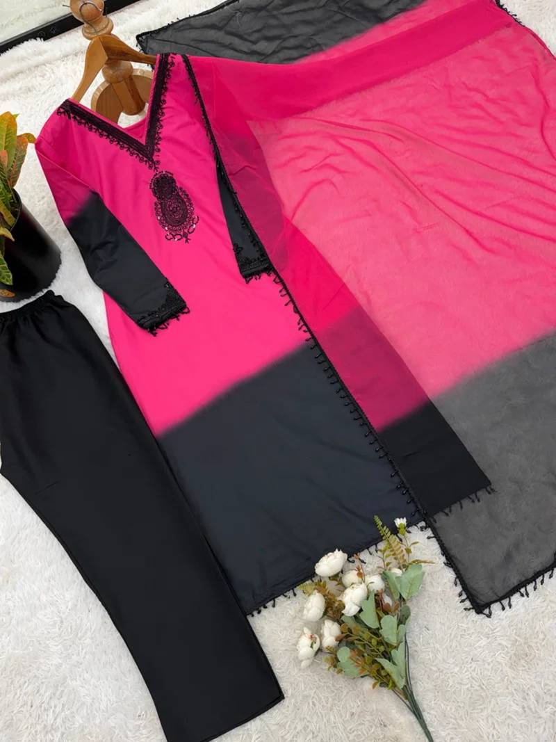 Pink & black crepe silk beads sequence kurta pant set with dupatta
