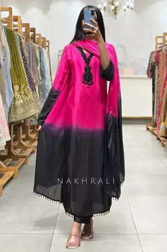 Pink & black crepe silk beads sequence kurta pant set with dupatta