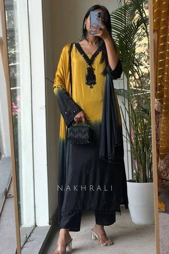 Yellow & black crepe silk beads sequence kurta pant set with dupatta