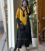 Yellow & black crepe silk beads sequence kurta pant set with dupatta