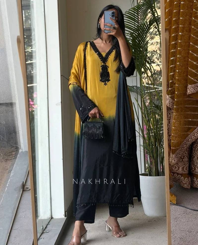 Yellow & black crepe silk beads sequence kurta pant set with dupatta