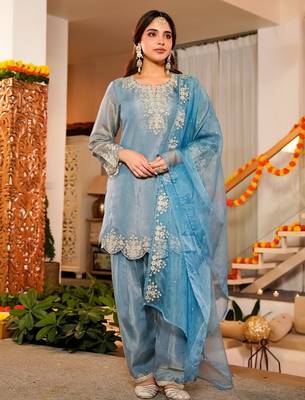 Sky blue frendy silk embroidery kurta patiala set with organza dupatta 1