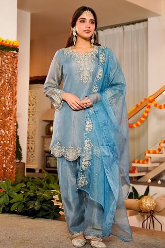 Sky blue frendy silk embroidery kurta patiala set with organza dupatta