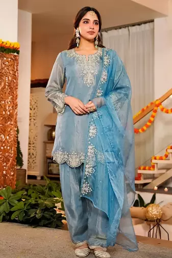 Sky blue frendy silk embroidery kurta patiala set with organza dupatta