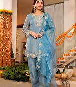 Sky blue frendy silk embroidery kurta patiala set with organza dupatta