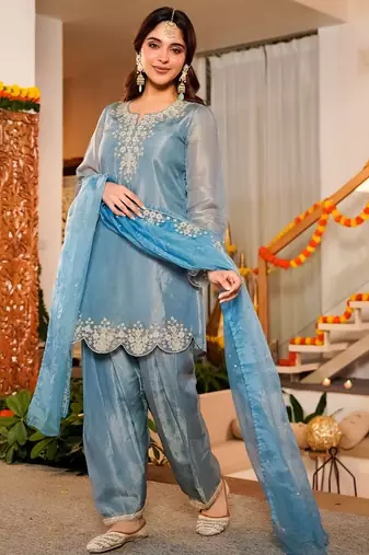 Sky blue frendy silk embroidery kurta patiala set with organza dupatta