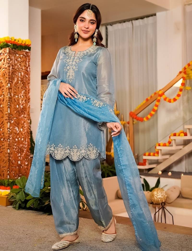 Sky blue frendy silk embroidery kurta patiala set with organza dupatta