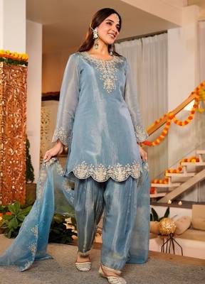 Sky blue frendy silk embroidery kurta patiala set with organza dupatta 4