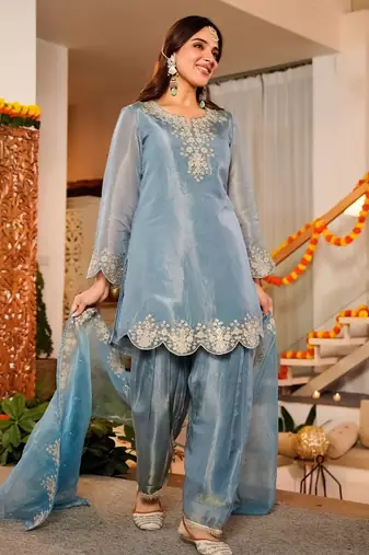 Sky blue frendy silk embroidery kurta patiala set with organza dupatta