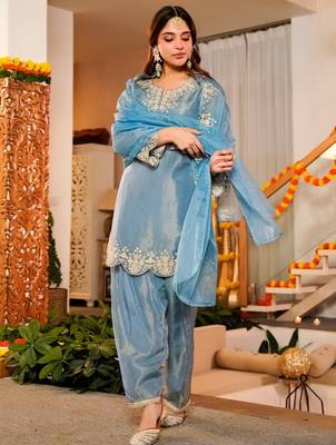 Sky blue frendy silk embroidery kurta patiala set with organza dupatta 5