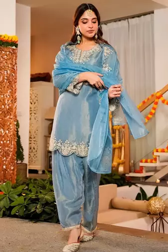 Sky blue frendy silk embroidery kurta patiala set with organza dupatta