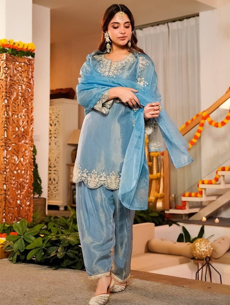 Sky blue frendy silk embroidery kurta patiala set with organza dupatta