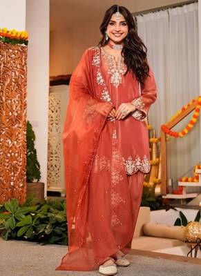 Orange frendy silk embroidery kurta patiala set with organza dupatta 1
