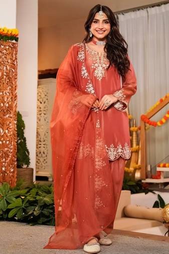 Orange frendy silk embroidery kurta patiala set with organza dupatta