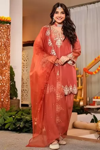 Orange frendy silk embroidery kurta patiala set with organza dupatta