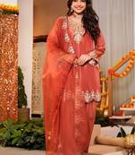 Orange frendy silk embroidery kurta patiala set with organza dupatta