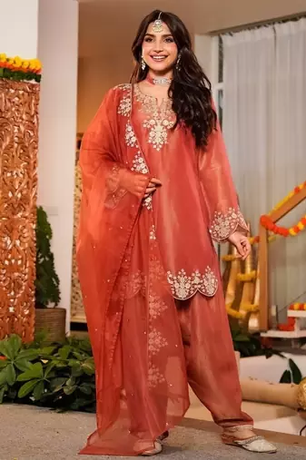 Orange frendy silk embroidery kurta patiala set with organza dupatta