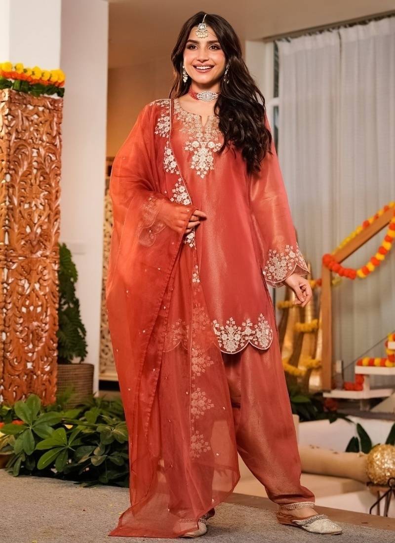 Orange frendy silk embroidery kurta patiala set with organza dupatta