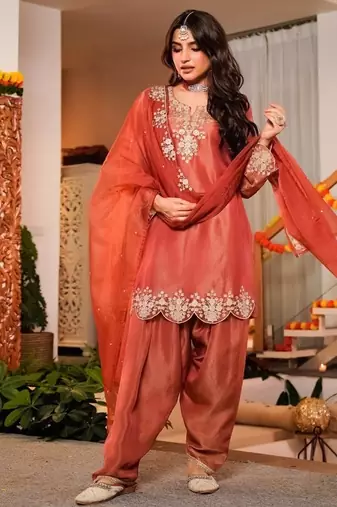 Orange frendy silk embroidery kurta patiala set with organza dupatta