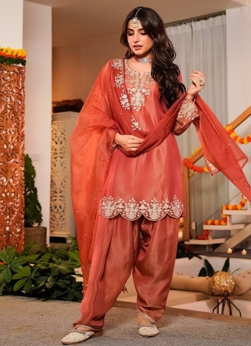 Orange frendy silk embroidery kurta patiala set with organza dupatta