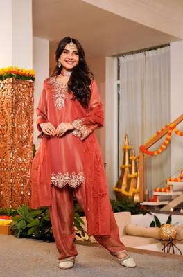 Orange frendy silk embroidery kurta patiala set with organza dupatta 4