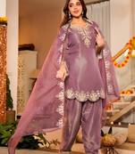 Onion pink frendy silk embroidery kurta patiala set with organza dupatta
