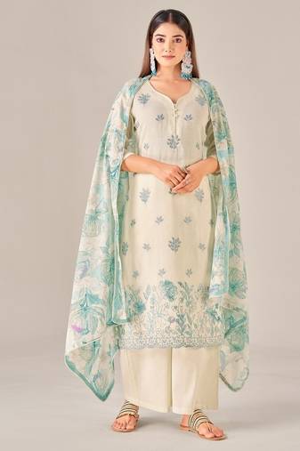 Green cotton printed hand embroidery kurta set with dupatta