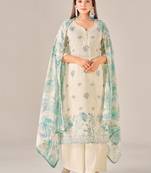 Green cotton printed hand embroidery kurta set with dupatta
