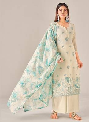 Green cotton printed hand embroidery kurta set with dupatta 2