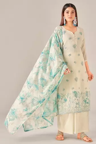 Green cotton printed hand embroidery kurta set with dupatta