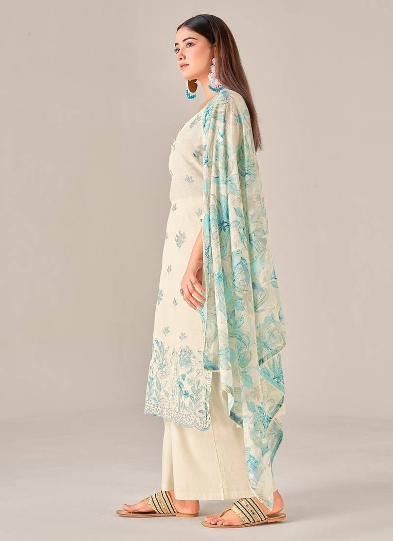 Green cotton printed hand embroidery kurta set with dupatta