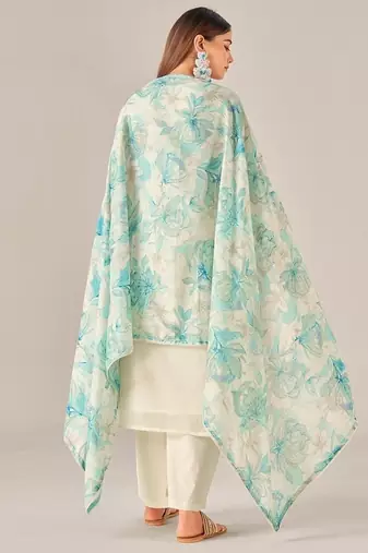 Green cotton printed hand embroidery kurta set with dupatta