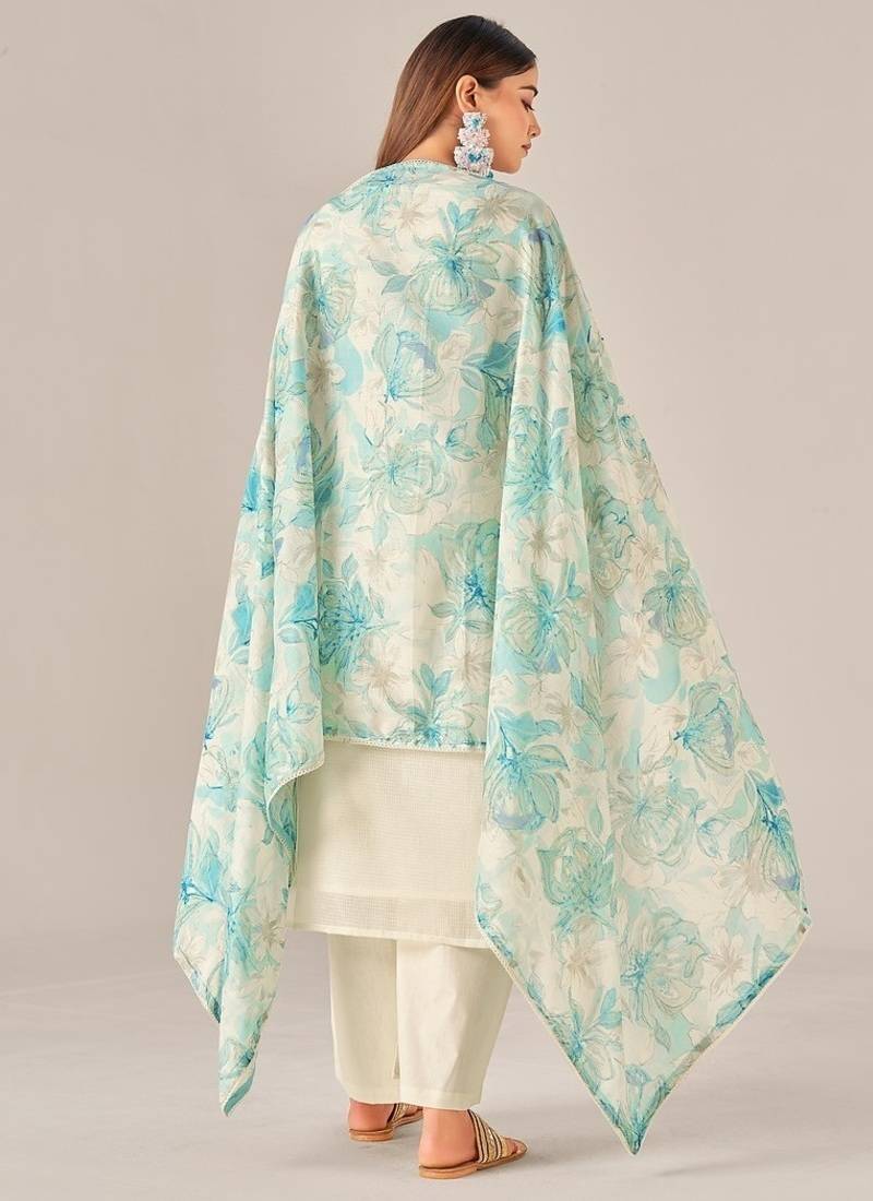 Green cotton printed hand embroidery kurta set with dupatta