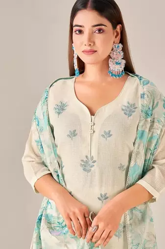 Green cotton printed hand embroidery kurta set with dupatta