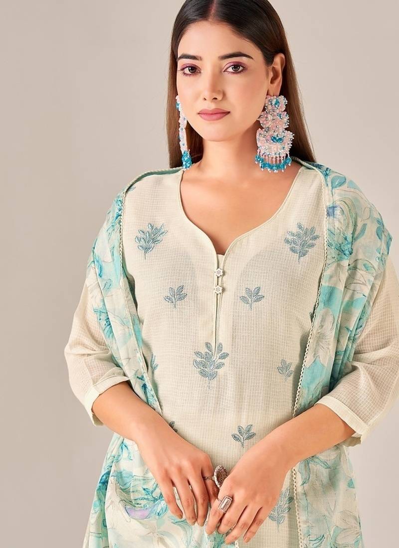 Green cotton printed hand embroidery kurta set with dupatta