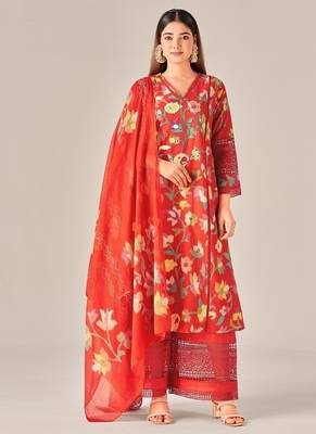 Red cotton printed hand embroidery kurta set with dupatta 1
