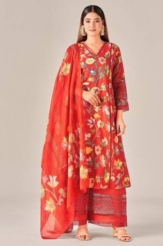 Red cotton printed hand embroidery kurta set with dupatta