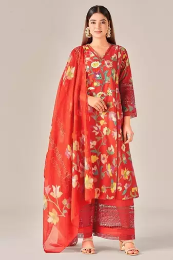 Red cotton printed hand embroidery kurta set with dupatta